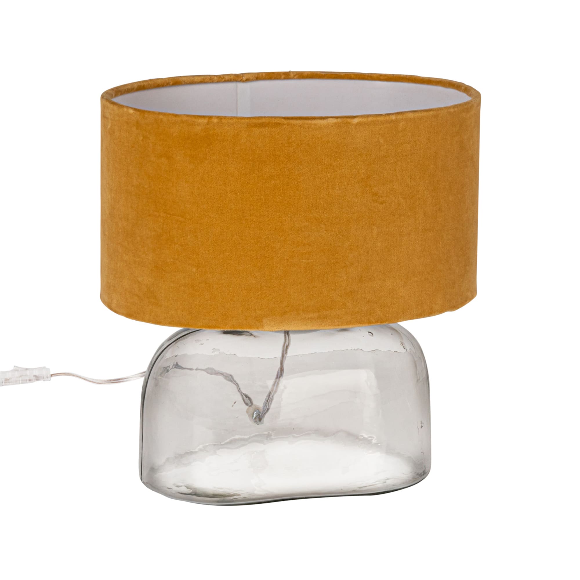 Hello Honey® 14" Modern Table Lamp with Glass Base & Mustard Yellow Velvet Shade